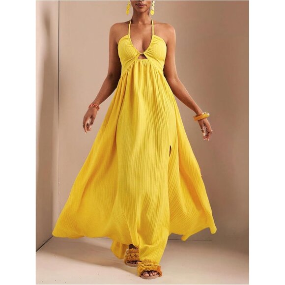 Women's Summer Maxi Dress Flowing Halter Sleeveless Flowy Vacation Dress - Picture 5 of 5